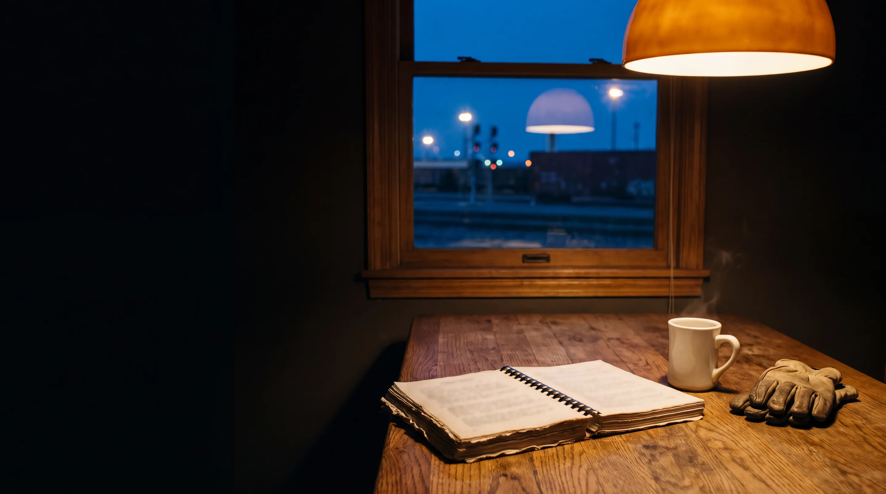 A worn union contract book, a mug of coffee and work gloves on a kitchen table before dawn, with rail yard lights through the window