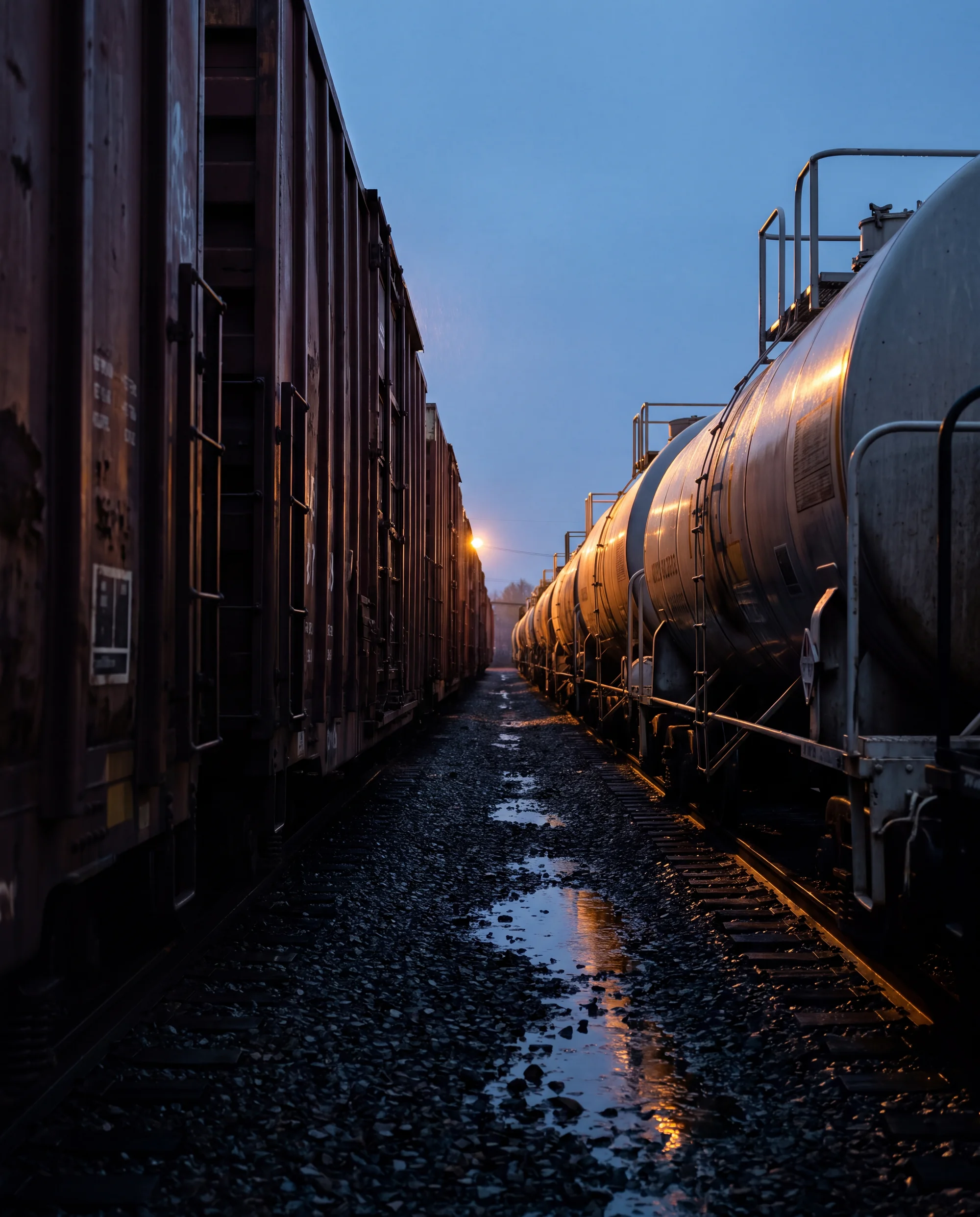 Tank cars and boxcars on parallel tracks in a rail yard at dusk