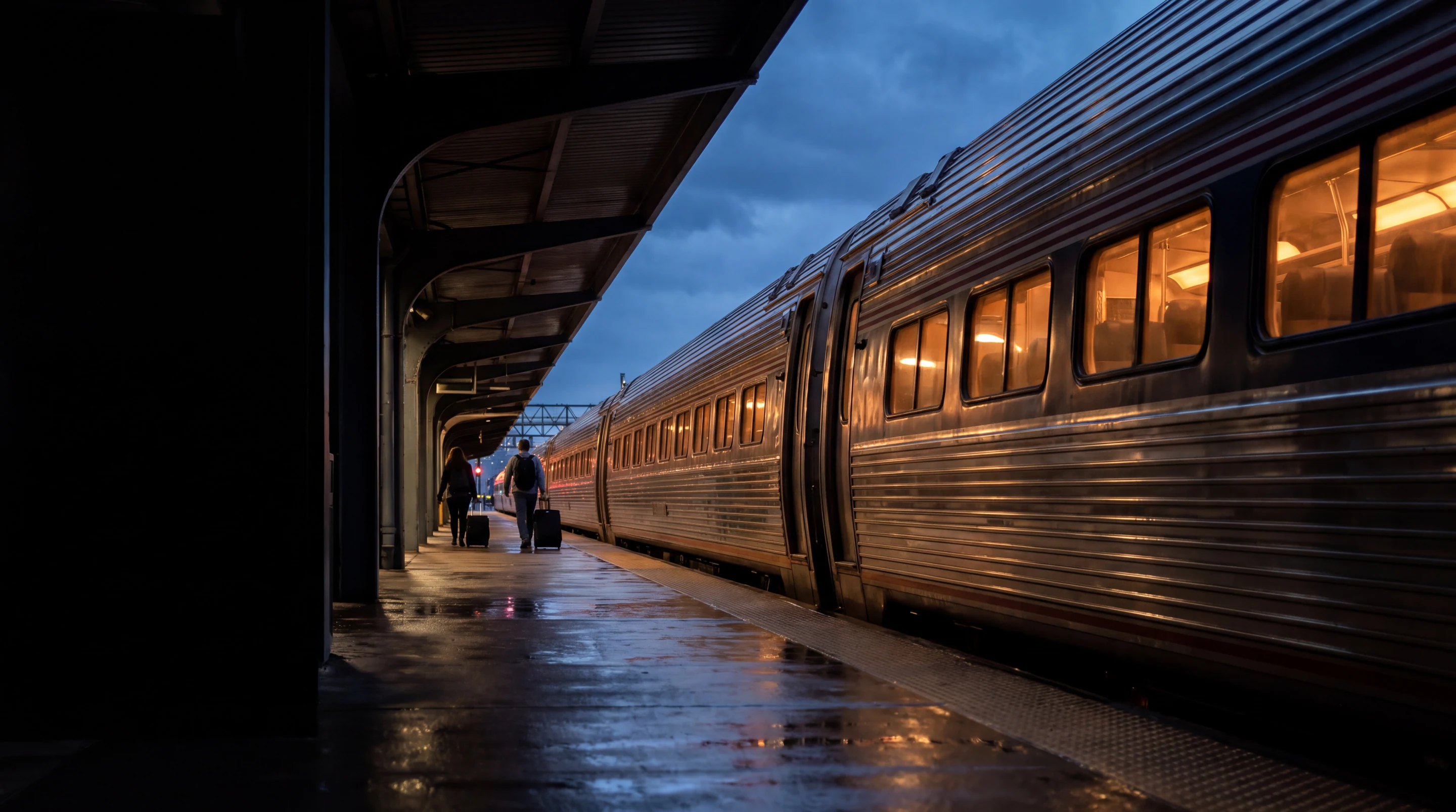 A long passenger train with lit windows at a station platform at dusk