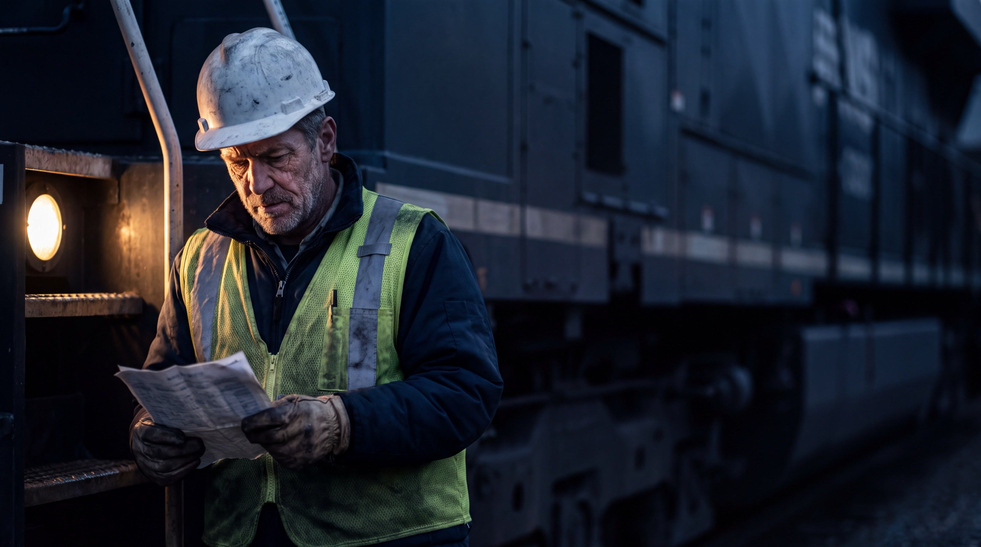 A railroad switchman reading a switch list beside a locomotive in a rail yard at night